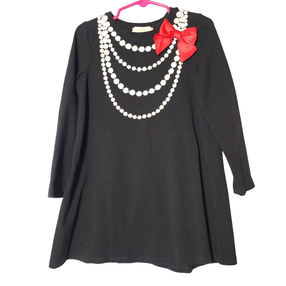 Kate Spade Girls Black Pearl Tiered Graphic Dress Red Bow Size 5Y Whimsical Chic
